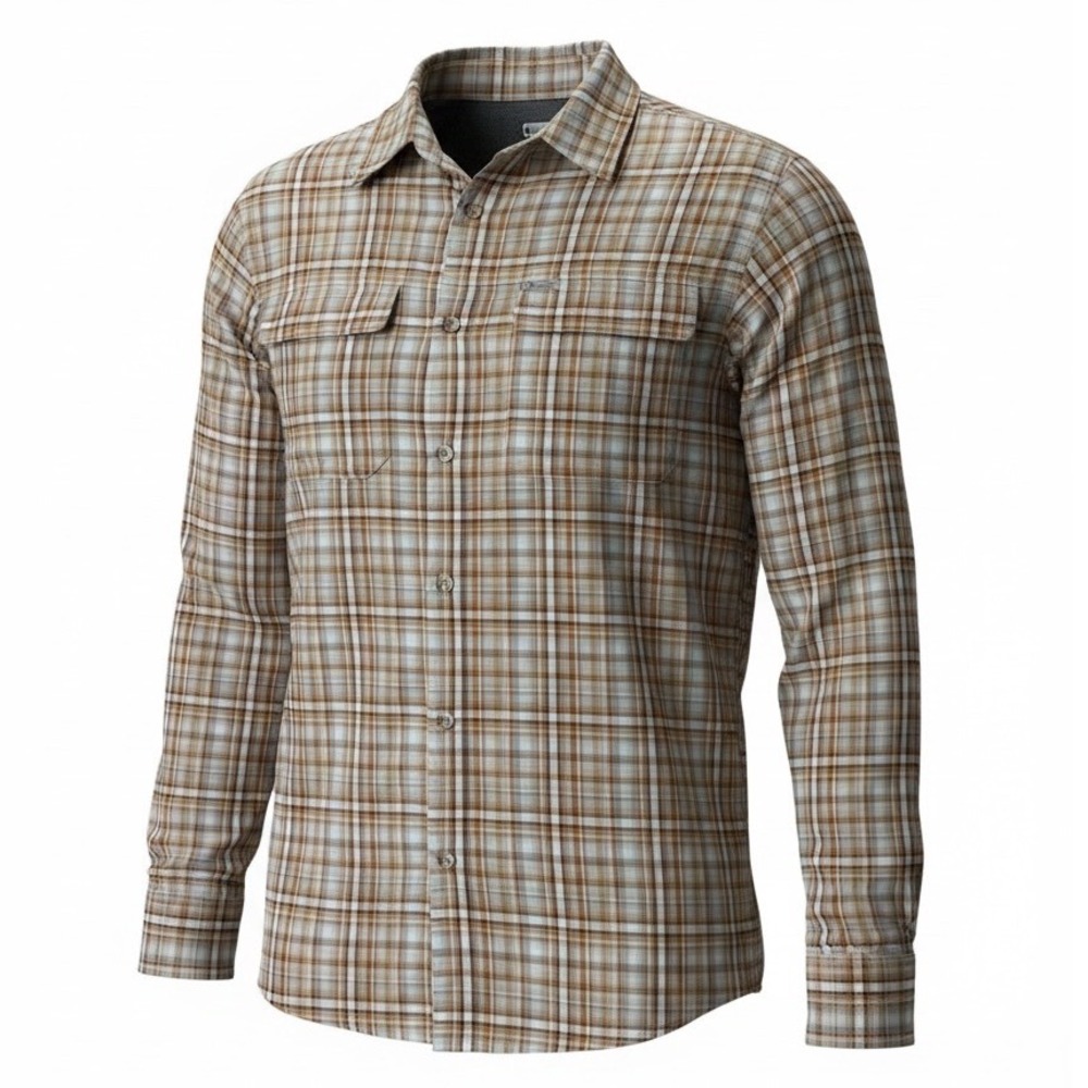 Columbia Titanium Mens XL Brown Plaid Long Sleeve Nylon Hiking Shirt (AA27)